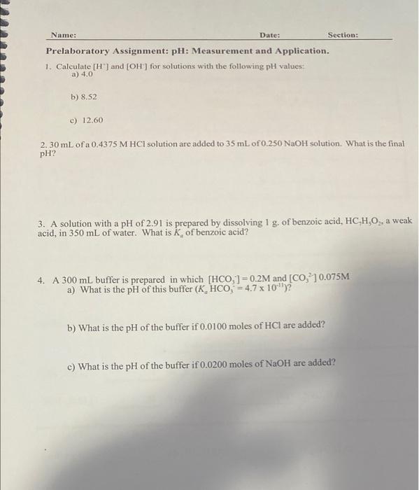Solved Prelaboratory Assignment pH Measurement and