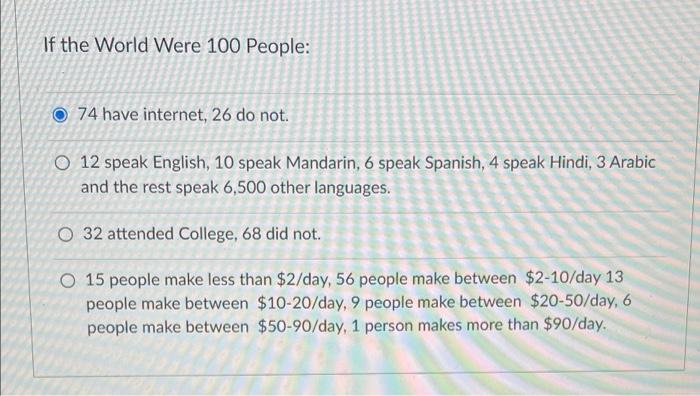 Solved If The World Were 100 People: 74 Have Internet, 26 Do | Chegg.com