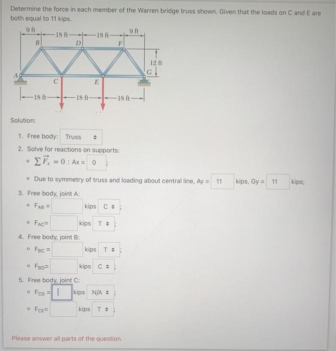 Solved Determine the force in each member of the Warren | Chegg.com