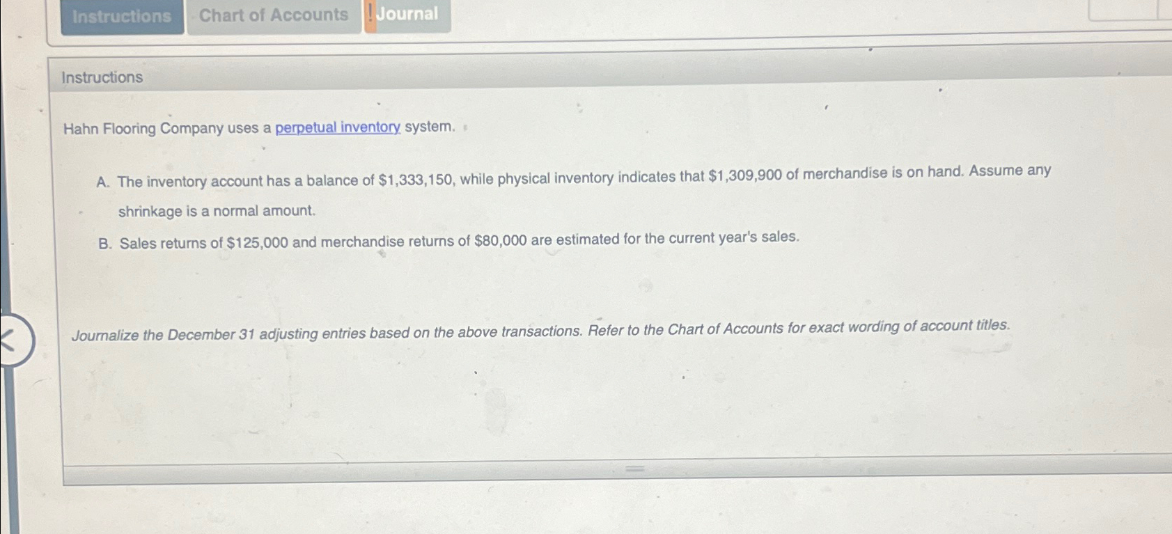 JournalInstructionsHahn Flooring Company uses a