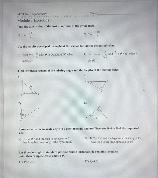 Solved Find the exact value of the cosine and sine of the | Chegg.com