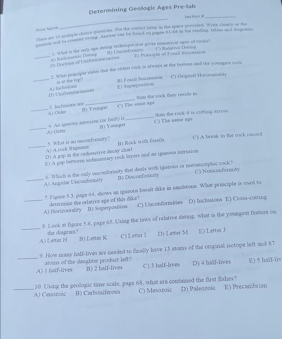 Solved Determining Geologic Ages Pre-lab Print Nam Section | Chegg.com