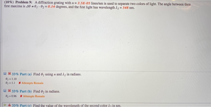 Solved (10%) Problem 9: A diffraction grating with 3.5E-05 | Chegg.com