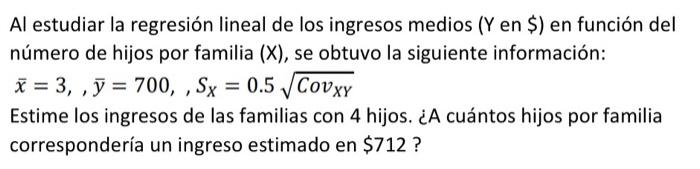 Al estudiar la regresión lineal de los ingresos medios (Y en \$) en función del número de hijos por familia (X), se obtuvo la