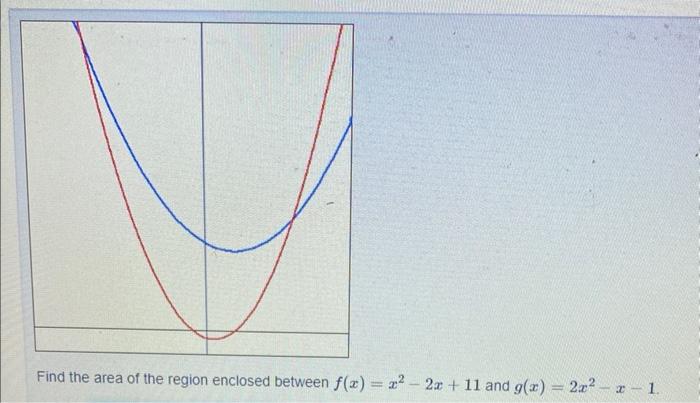 Find the area of the region enclosed between \( f(x)=x^{2}-2 x+11 \) and \( g(x)=2 x^{2}-x-1 \).