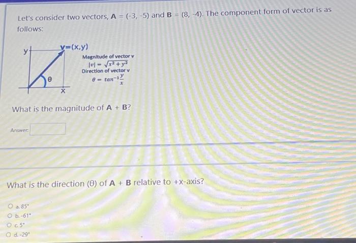 Solved Let's Consider Two Vectors, A = (-3, -5) And B = (8, | Chegg.com