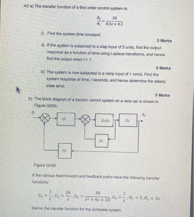 Solved A2 a) The transfer function of a first order control | Chegg.com