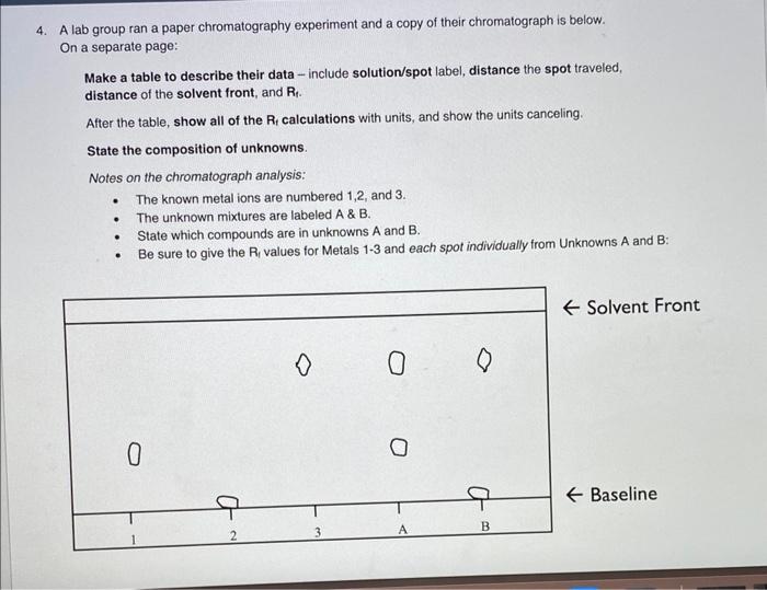 A lab group ran a paper chromatography experiment and a copy of their chromatograph is below. On a separate page:
Make a tabl