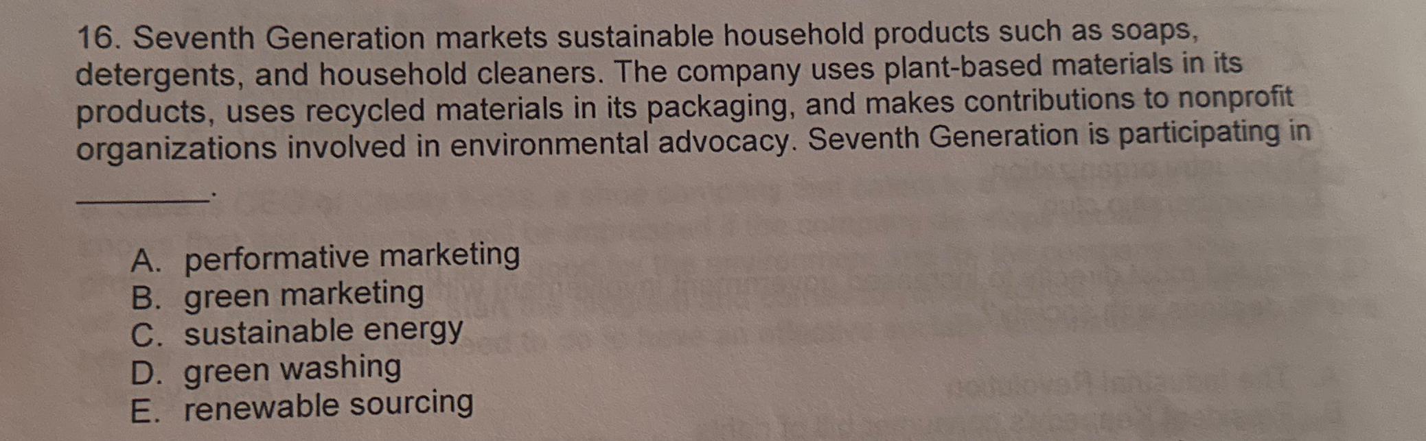 Solved Seventh Generation markets sustainable household | Chegg.com