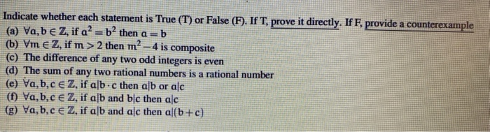 Solved Indicate whether each statement is True (T) or False | Chegg.com