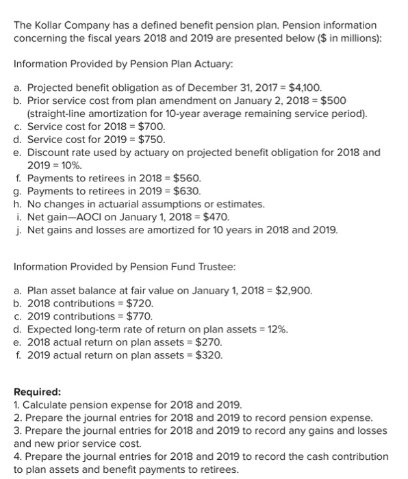 Solved The Kollar Company Has A Defined Benefit Pension 6217