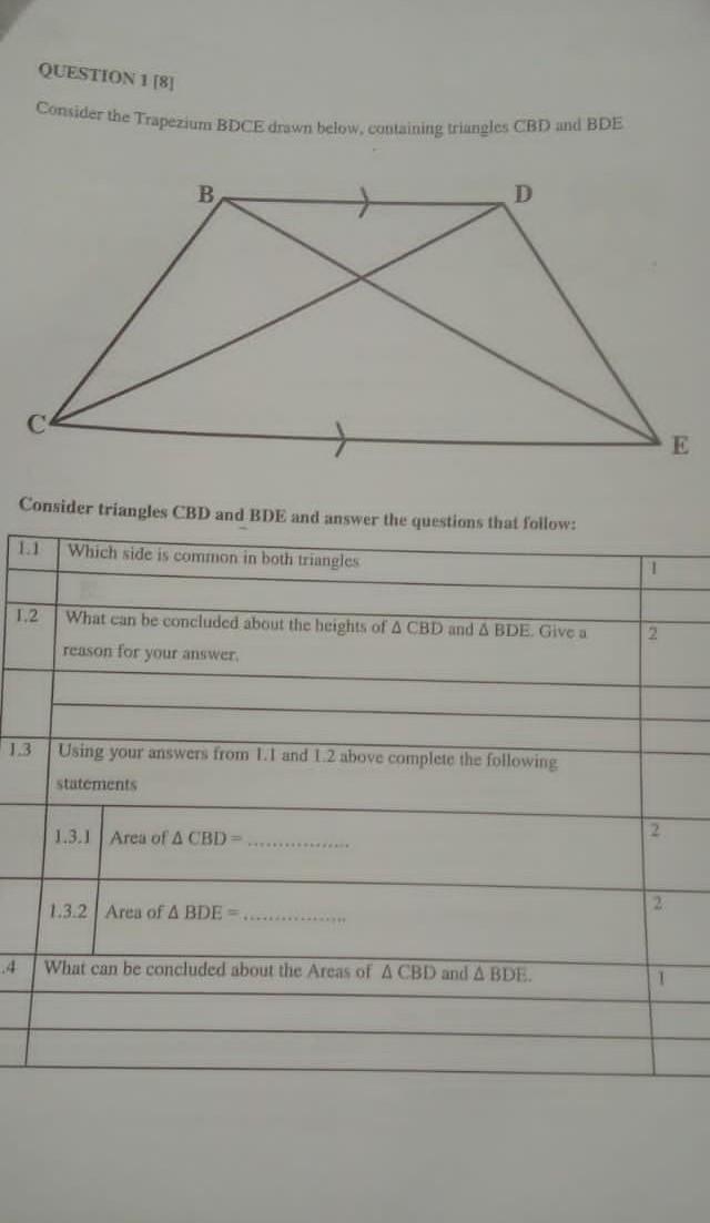 Solved Question 1 consider trapezium BDCE, containing | Chegg.com