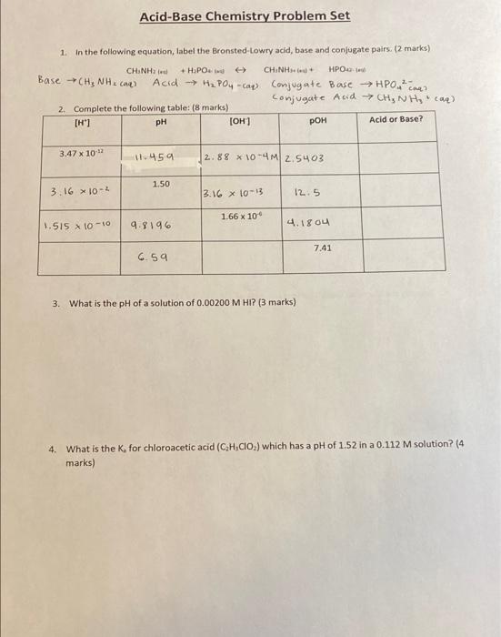 Solved Acid-Base Chemistry Problem Set 1. In the following | Chegg.com