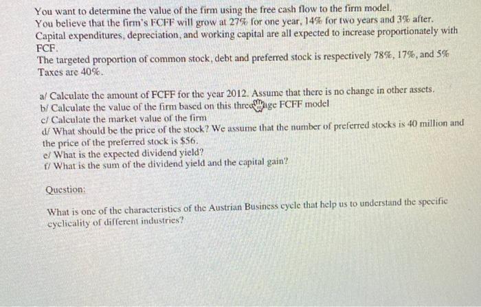 You want to determine the value of the firm using the | Chegg.com