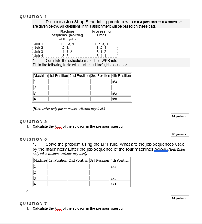 Solved QUESTION 1Data for a Job Shop Scheduling problem with | Chegg.com
