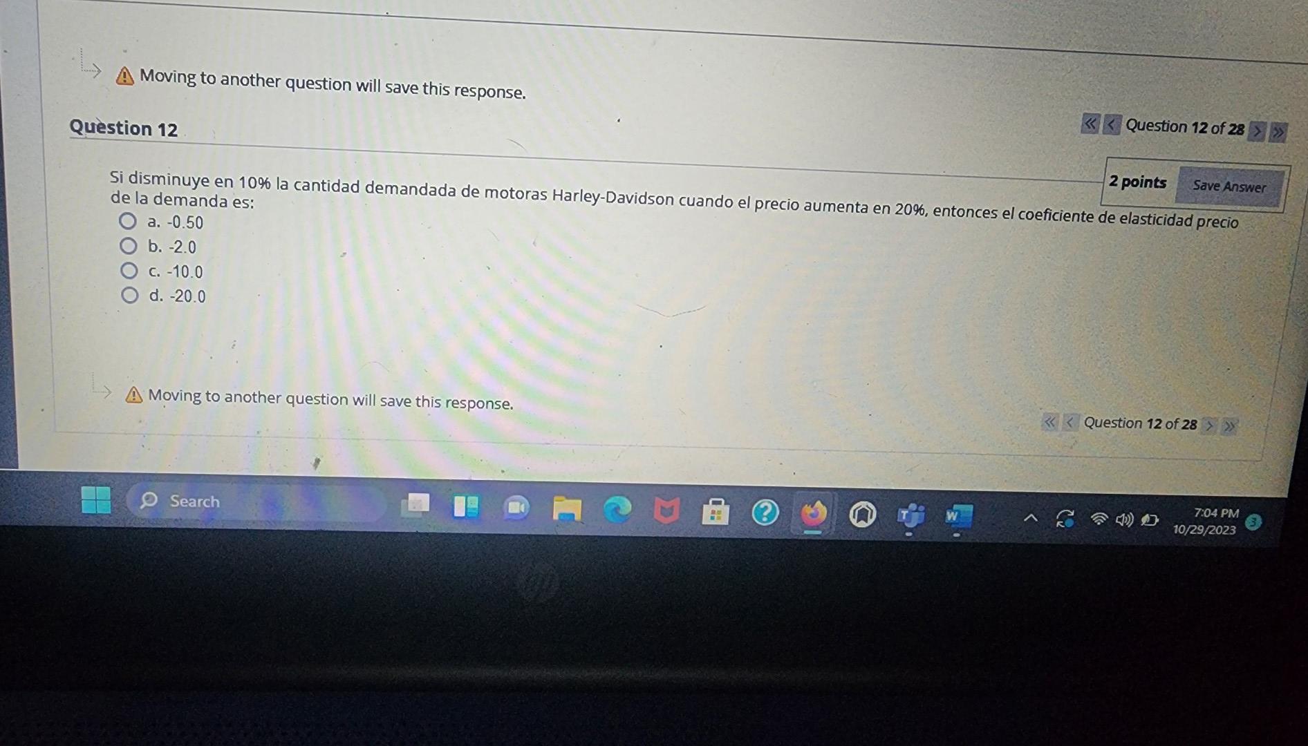 Si disminuye en \( 10 \% \) la cantidad demandada de motoras Harley-Davidson cuando el precio aumenta en \( 20 \% \), entonce