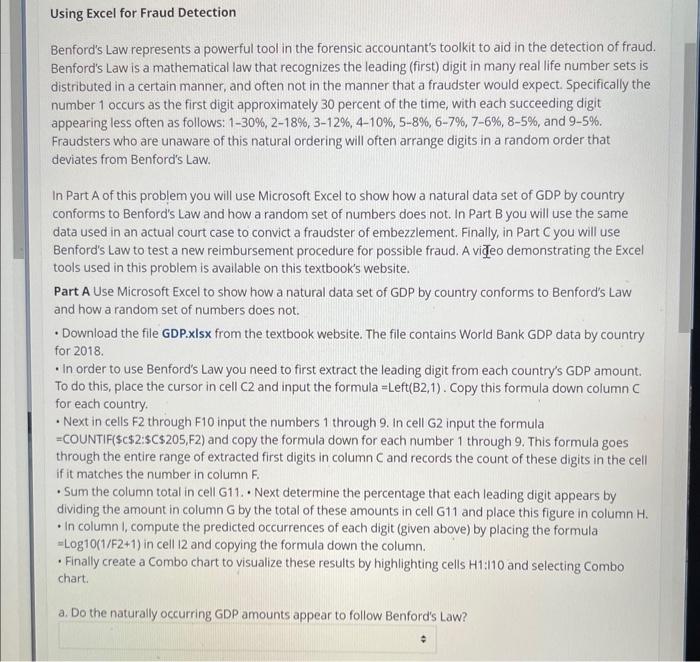 Using Excel for Fraud Detection Benford's Law | Chegg.com