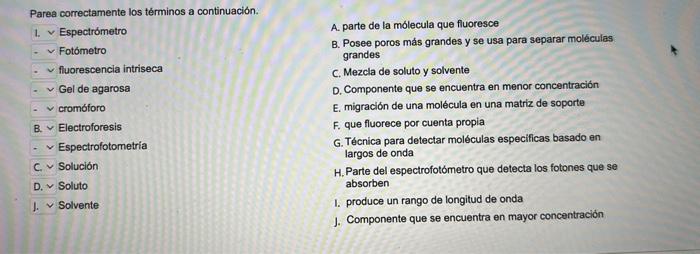 Parea correctamente los términos a continuación. Espectrometro A. parte de la mólecula que fluoresce Fotómetro B. Posee poros