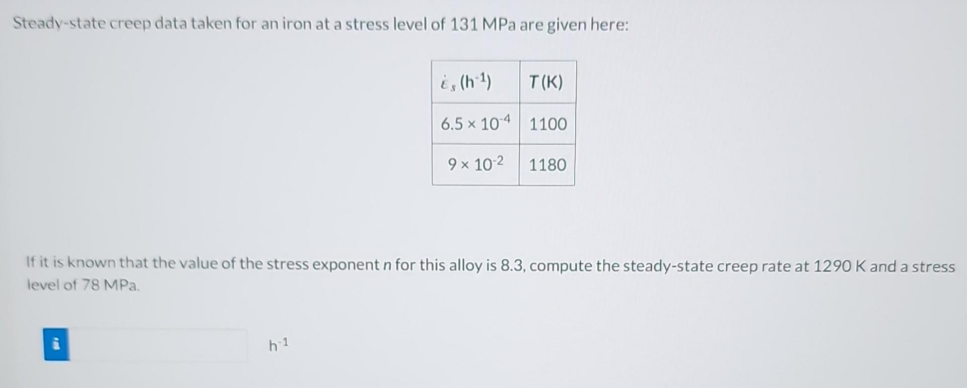 Solved Steady-state creep data taken for an iron at a stress | Chegg.com