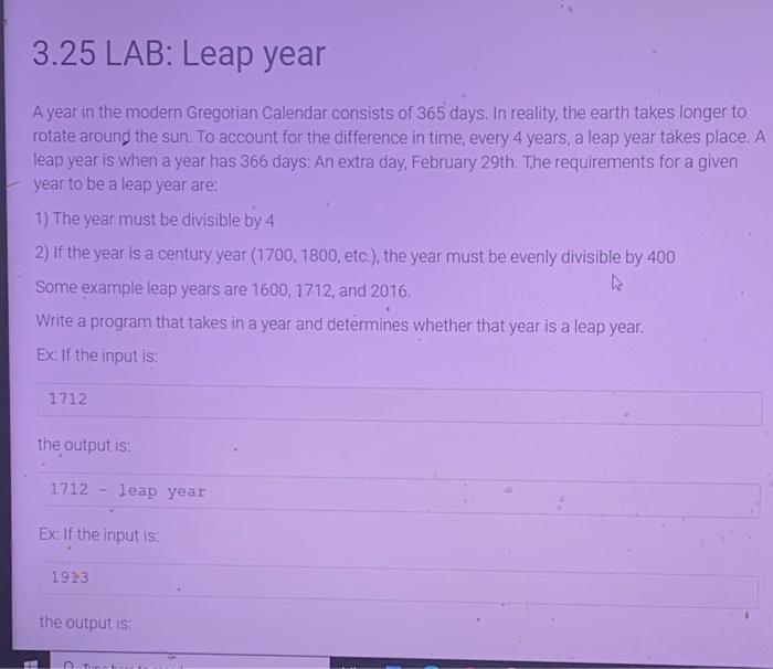 Solved 3 25 lab leap year a year in the modern gregorian chegg