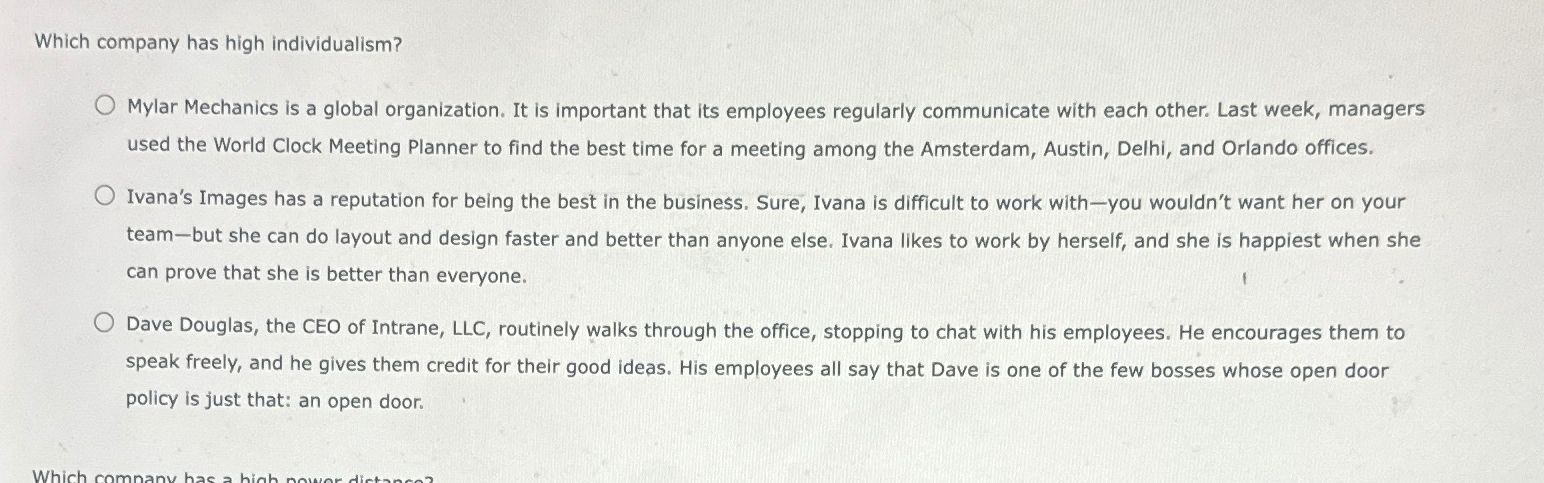 Solved Which company has high individualism?Mylar Mechanics | Chegg.com