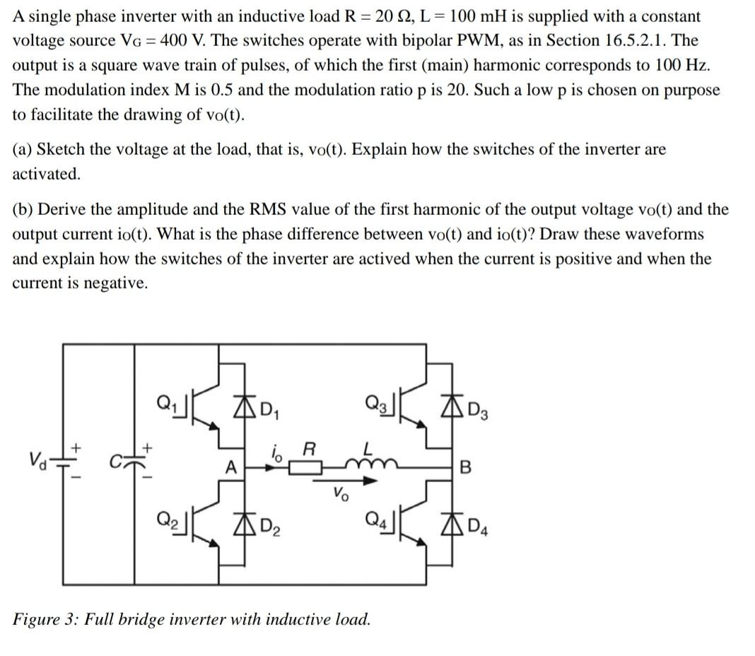 Solved A single phase inverter with an inductive load R = 20 | Chegg.com