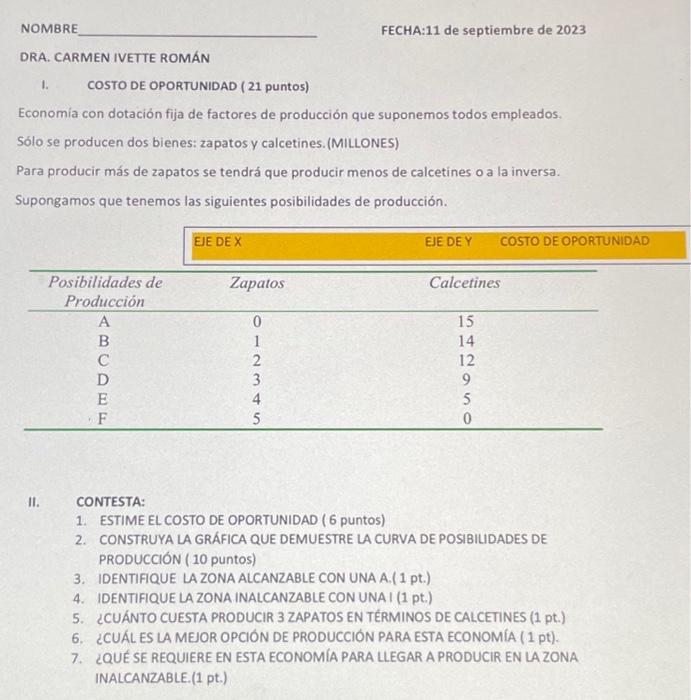 NOMBRE FECHA:11 de septiembre de 2023 DRA. CARMEN IVETTE ROMÁN I. COSTO DE OPORTUNIDAD ( 21 puntos) Economía con dotación fij