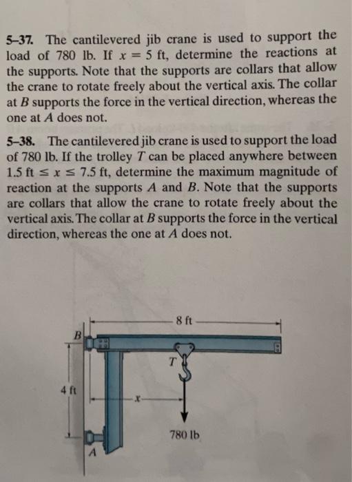 5-37. The cantilevered jib crane is used to support the load of \( 780 \mathrm{lb} \). If \( x=5 \mathrm{ft} \), determine th