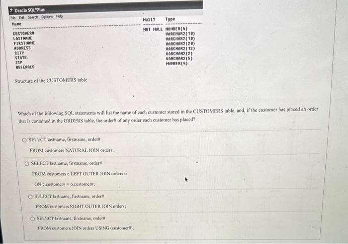 Solved Structure of the CUSTOMERS table Which of the | Chegg.com