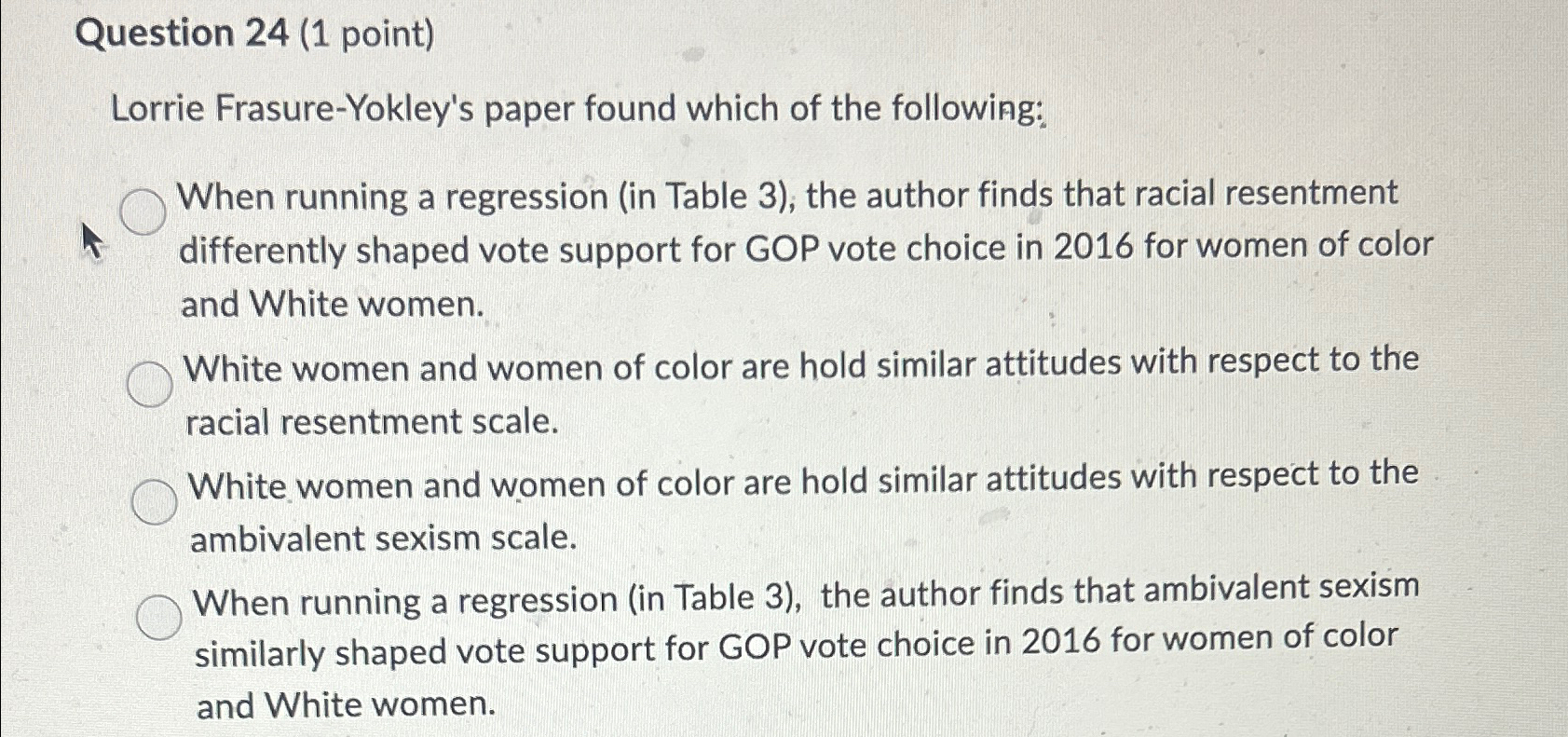 Solved Question 24 (1 ﻿point)Lorrie FrasureYokley's paper