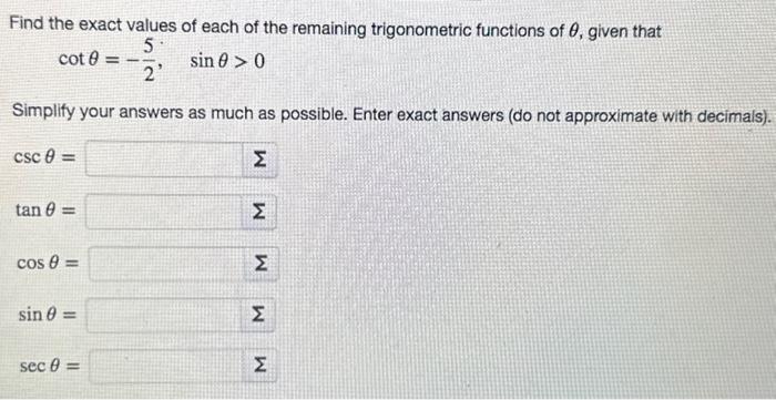 Solved Find the exact values of each of the remaining | Chegg.com