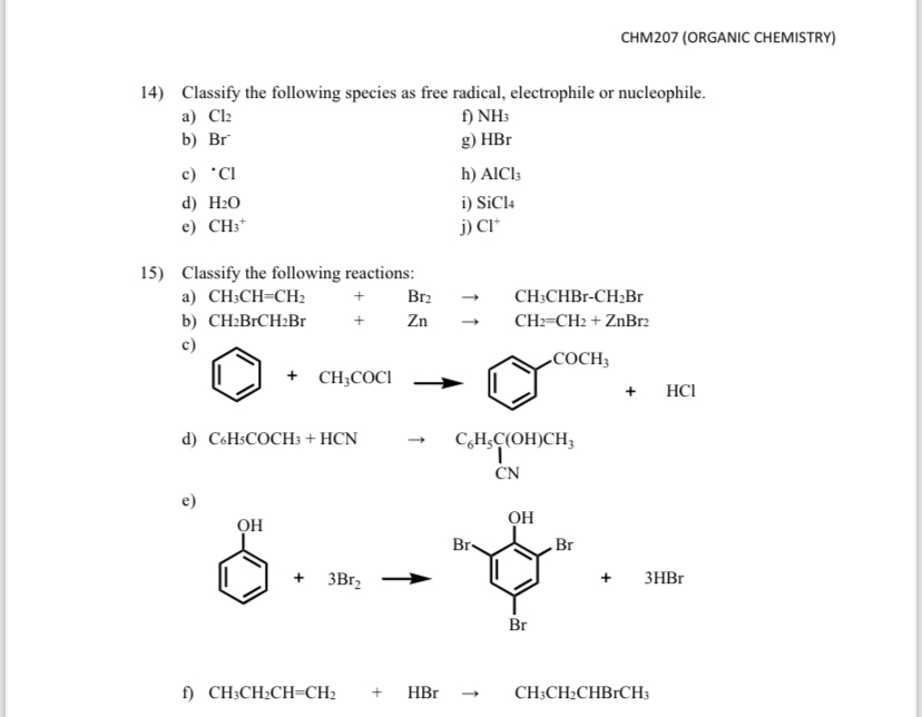 Solved Chm207 Organic Chemistry Classify The Following