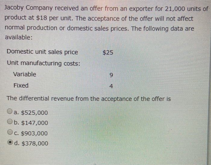 Solved Jacoby Company received an offer from an exporter for