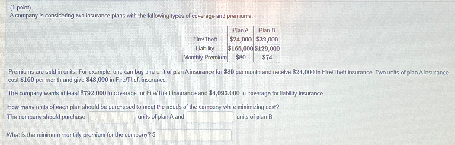 Solved (1 ﻿point)A company is considering two insurance | Chegg.com
