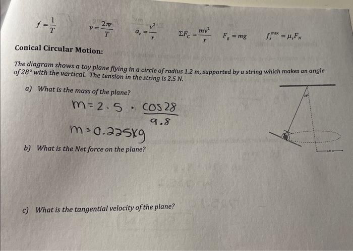 Solved f=T1v=T2πrac=rv2ΣFC=rmv2Fg=mgfsmax=μsFN Conical | Chegg.com