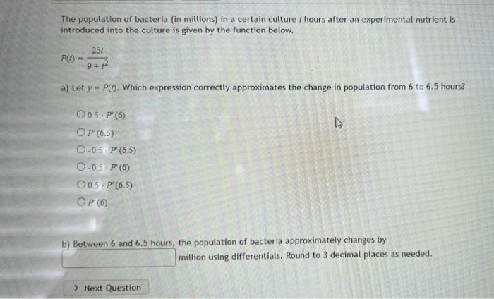 Solved The population of bacteria (in millions) in a certain | Chegg.com