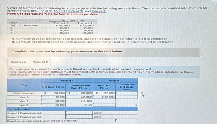 Solved Gonzalez Company is considering two new projects with | Chegg.com
