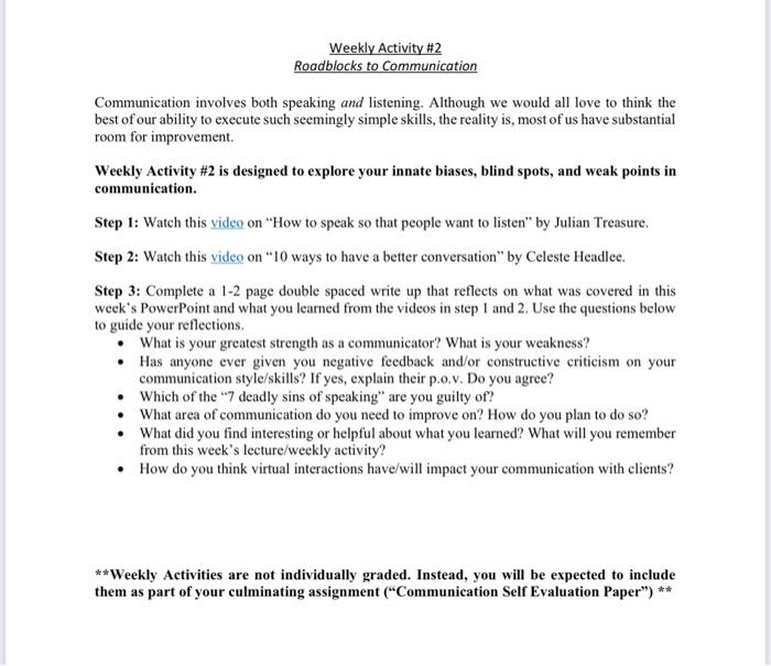 Weekly Activity 2 Roadblocks to Communication