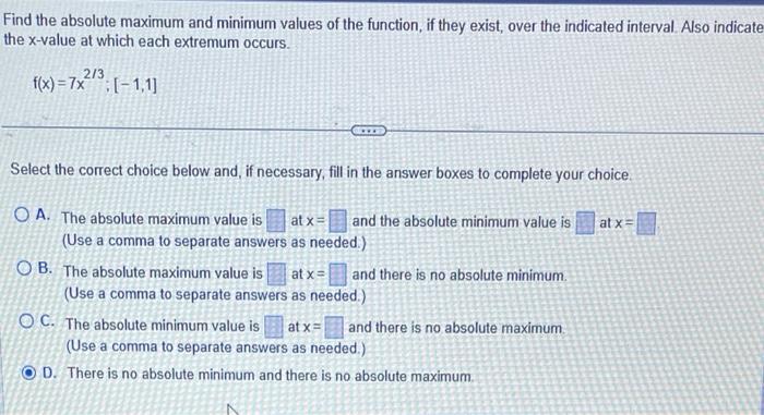 Solved Find the absolute maximum and minimum values of each | Chegg.com