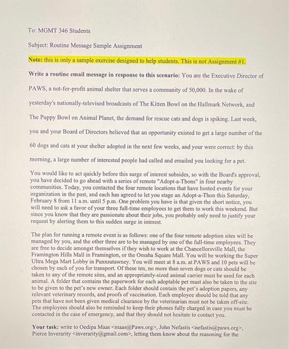 To: MGMT 346 Students Subject: Routine Message Sample | Chegg.com