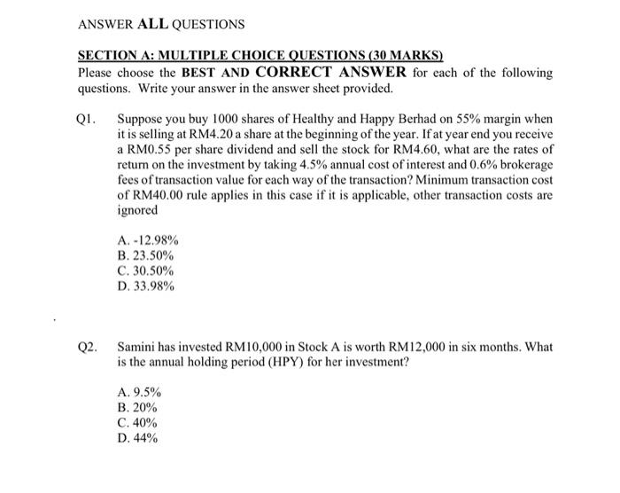 Solved ANSWER ALL QUESTIONS SECTION A: MULTIPLE CHOICE | Chegg.com