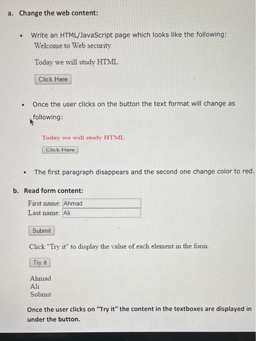 Solved a. Change the web content: . Write an HTML/JavaScript | Chegg.com