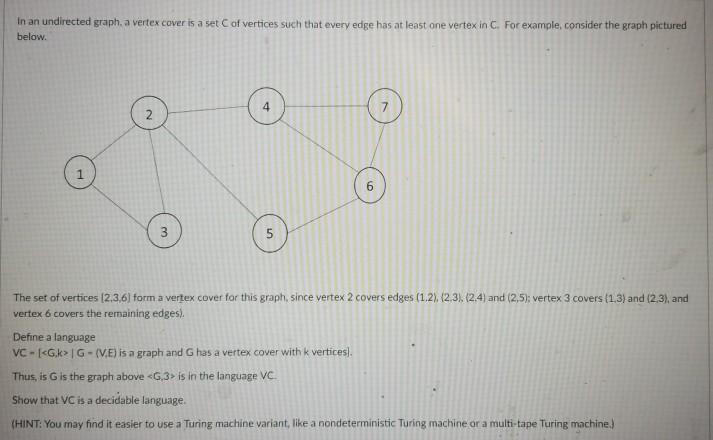 In an undirected graph. a vertex cover is a set of | Chegg.com
