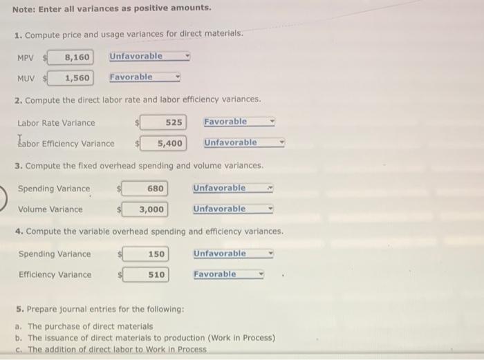 1. Compute price and usage variances for direct materials.
MPV
MUV :
3. Compute the fixed overhead spending and volume varian