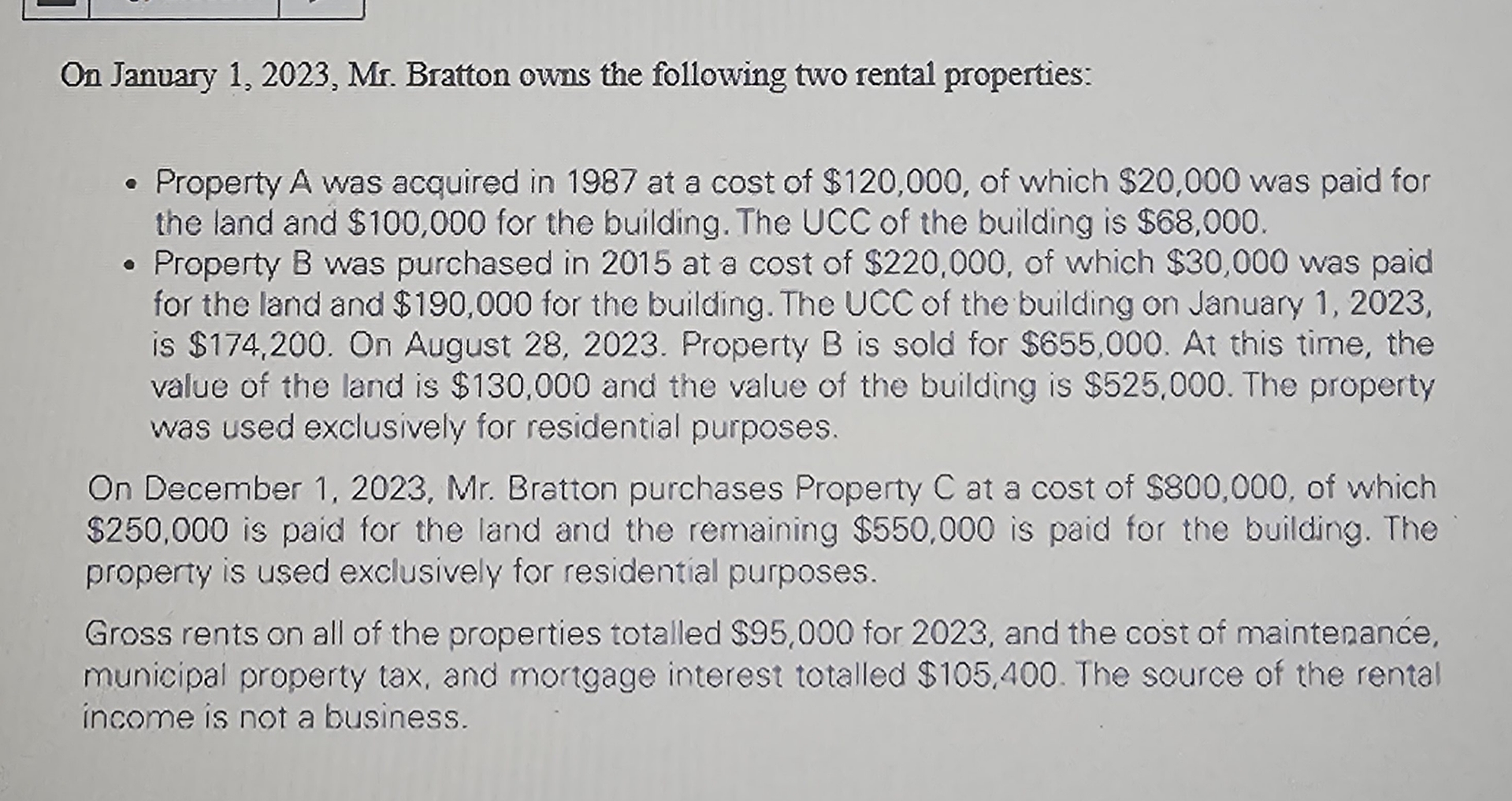 On January 1, 2023, ﻿Mr. ﻿Bratton owns the following | Chegg.com