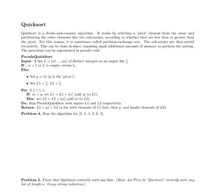 Quicksort is a divide-and-conquer algorithm. It works by selecting a pivot element from the array and partitioning the othe