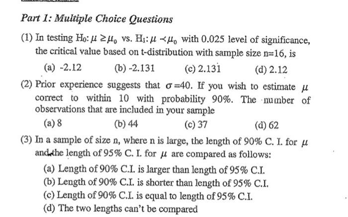 Solved Part 1: Multiple Choice Questions (1) In testing | Chegg.com