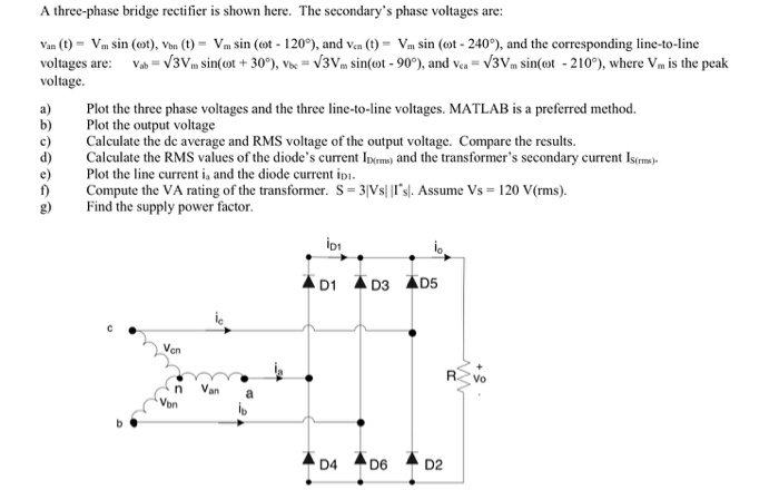 Solved A three-phase bridge rectifier is shown here. The | Chegg.com