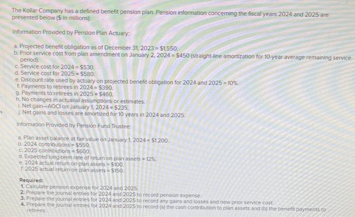 Solved The Kollar Company Has A Defined Benefit Pension | Chegg.com