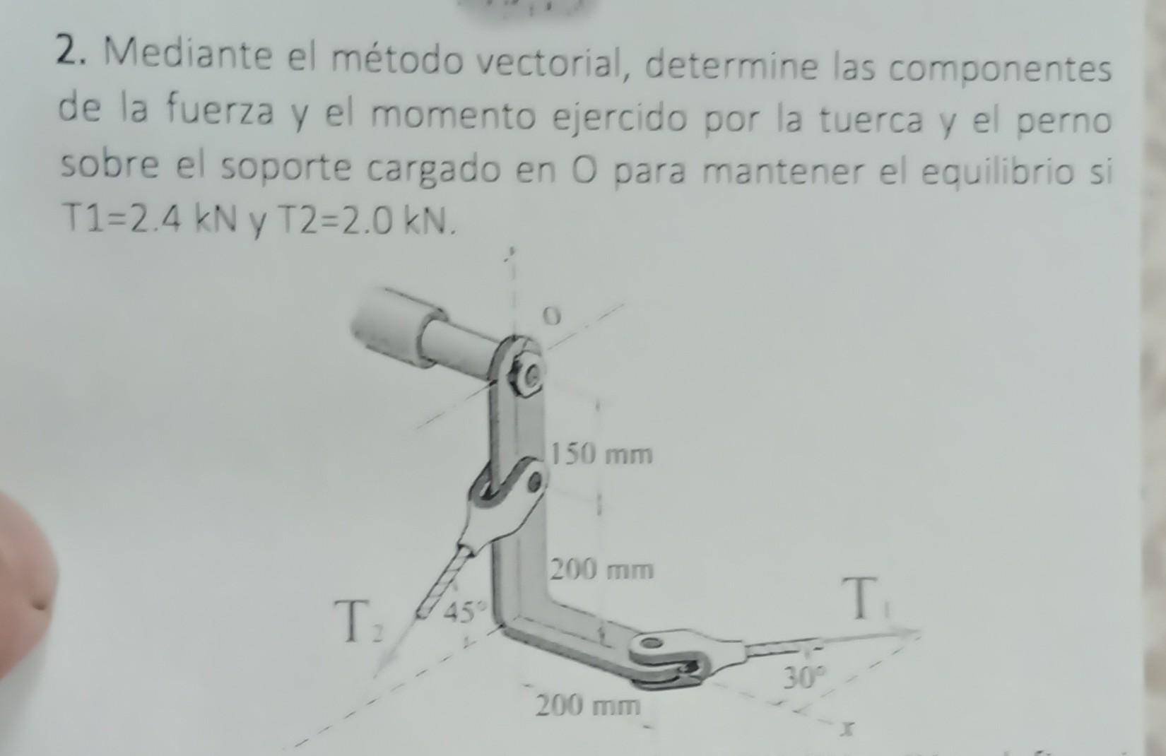 2. Mediante el método vectorial, determine las componentes de la fuerza y el momento ejercido por la tuerca y el perno sobre